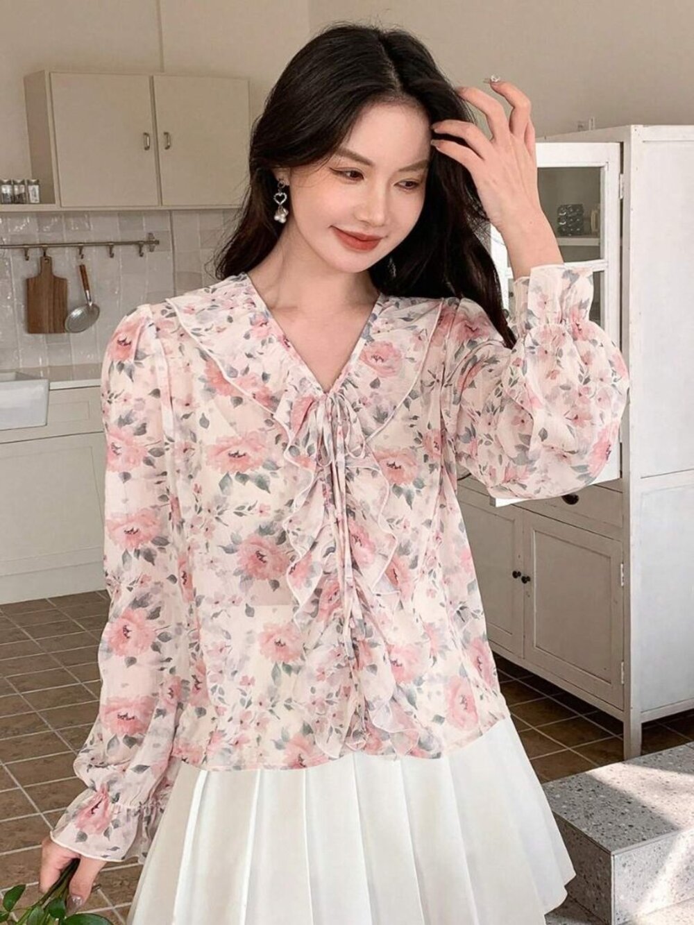2/$30 NWT SHEIN DAZY Ruffle Trim Flare Sleeve Chiffon Top Dusty Floral XL #A3864